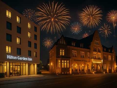 Hilton Garden Inn Stuttgart NeckarPark und Stuttgarter Schlachthof bei Nacht mit Feuerwerk, 2 km voneinander entfernt