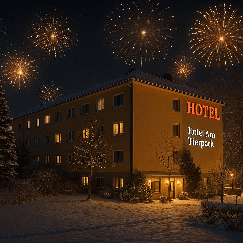 Hotel Am Tierpark bei Nacht mit Feuerwerk zu Silvester
