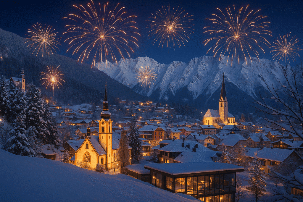 Feuerwerk über dem verschneiten Imst bei Nacht mit Blick auf das Hotel Auderer zu Silvester