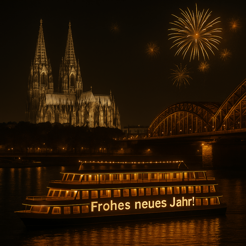 Festlich beleuchtetes Schiff auf dem Rhein mit Feuerwerk und Kölner Dom bei Nacht vor dem Hotel Stadtpalais