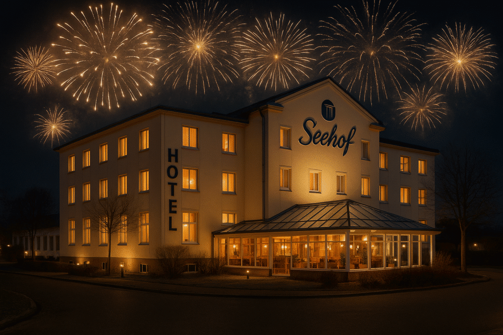 Hotel Seehof Leipzig bei Nacht mit dezentem Feuerwerk zu Silvester