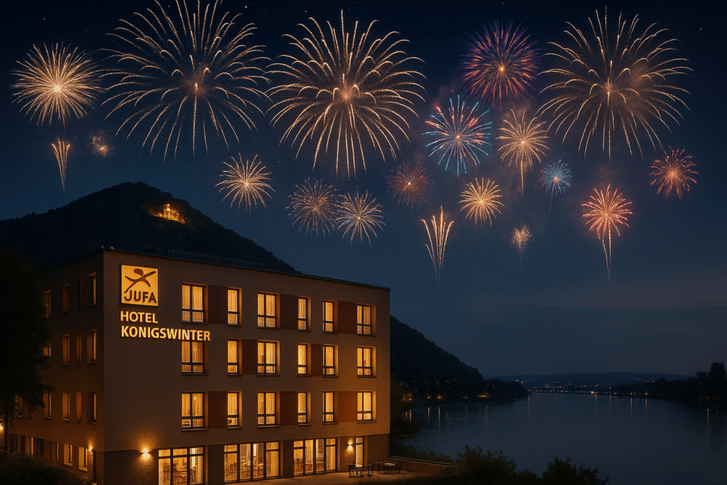 JUFA Hotel Königswinter mit Feuerwerk über dem Rhein zu Silvester