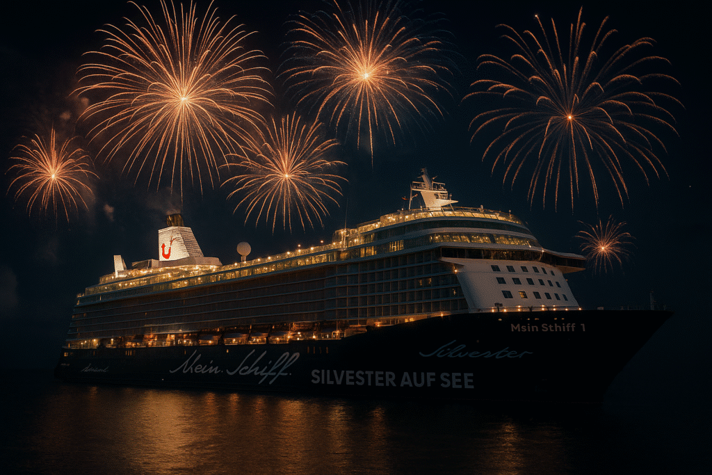 Silvesterfeier auf Mein Schiff 1 mit Feuerwerk über dem Kreuzfahrtschiff