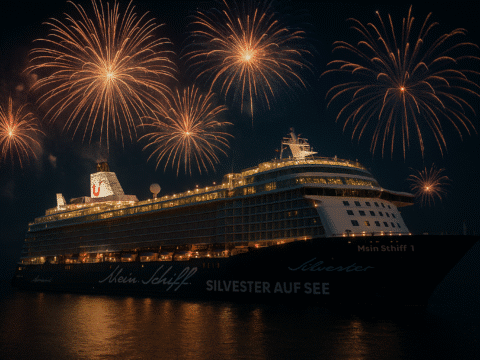 Silvesterfeier auf Mein Schiff 1 mit Feuerwerk über dem Kreuzfahrtschiff