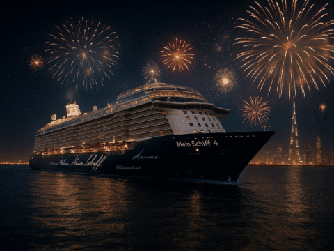 Mein Schiff 4 vor Dubai mit Silvester-Feuerwerk im Hintergrund