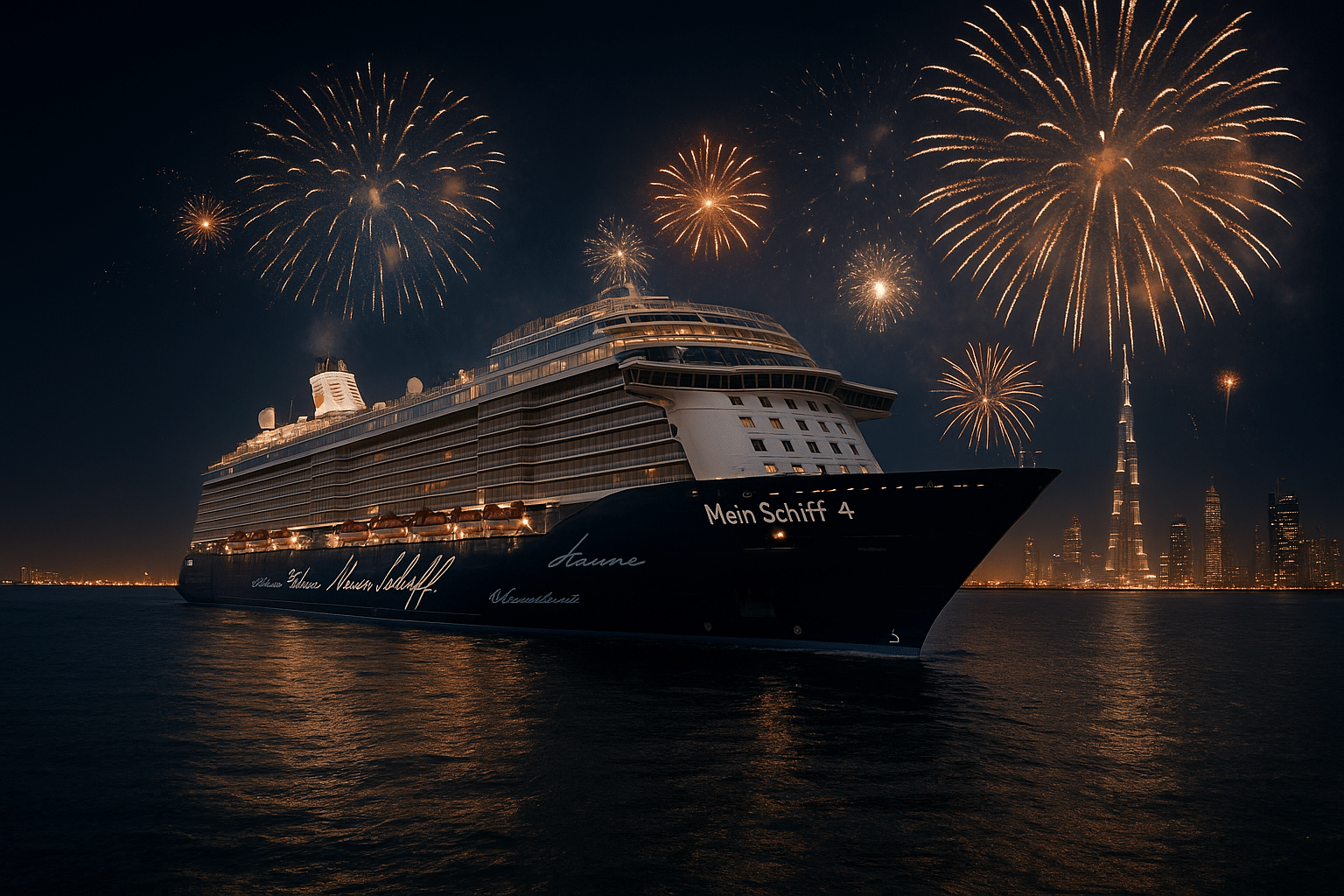 Mein Schiff 4 vor Dubai mit Silvester-Feuerwerk im Hintergrund