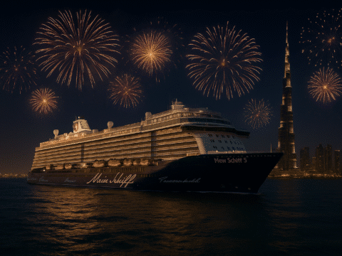 Mein Schiff 5 vor der Skyline Dubais mit Feuerwerk zu Silvester