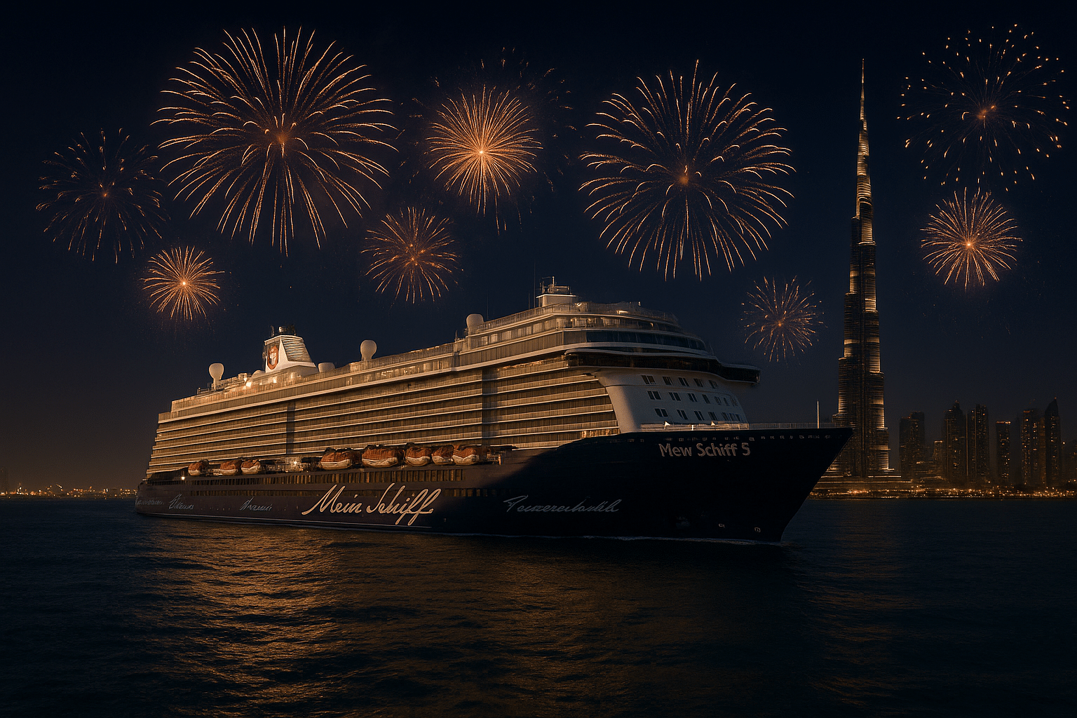 Mein Schiff 5 vor der Skyline Dubais mit Feuerwerk zu Silvester