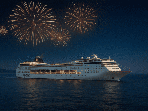 MSC Sinfonia bei Nacht mit Feuerwerk – festliche Silvesterkreuzfahrt