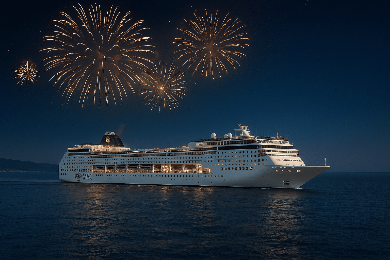 MSC Sinfonia bei Nacht mit Feuerwerk – festliche Silvesterkreuzfahrt