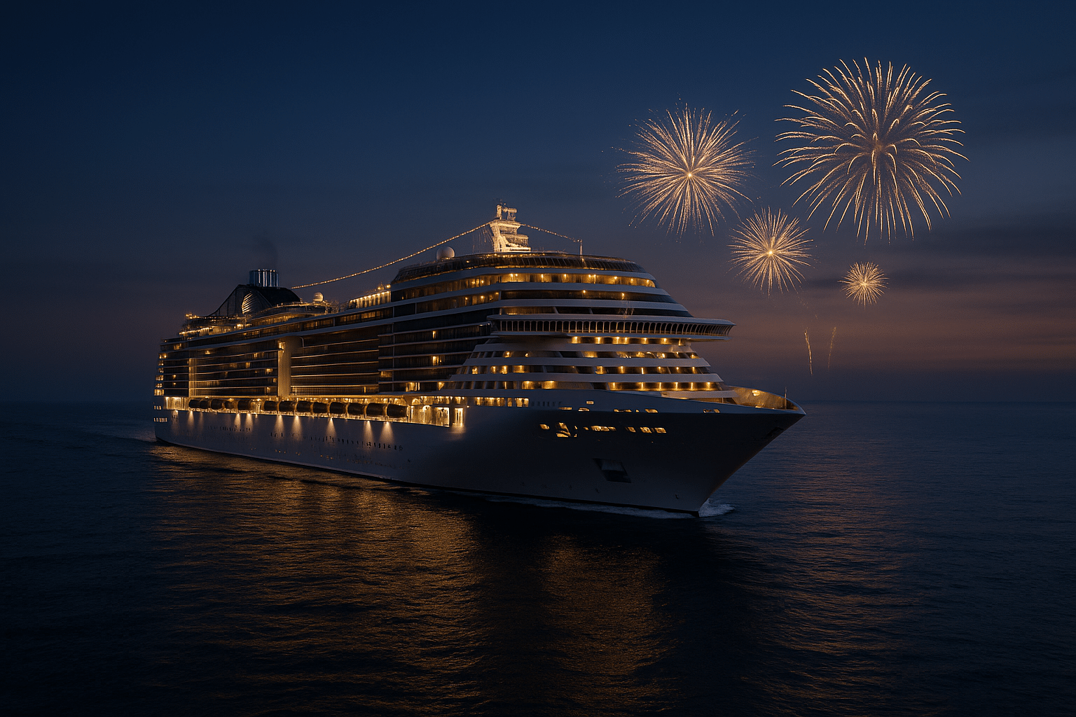 Silvesterkreuzfahrt mit der MSC Splendida bei Nacht mit Feuerwerk