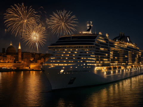 Silvesterkreuzfahrt mit der MSC World Europa im Hafen von Valletta mit Feuerwerk