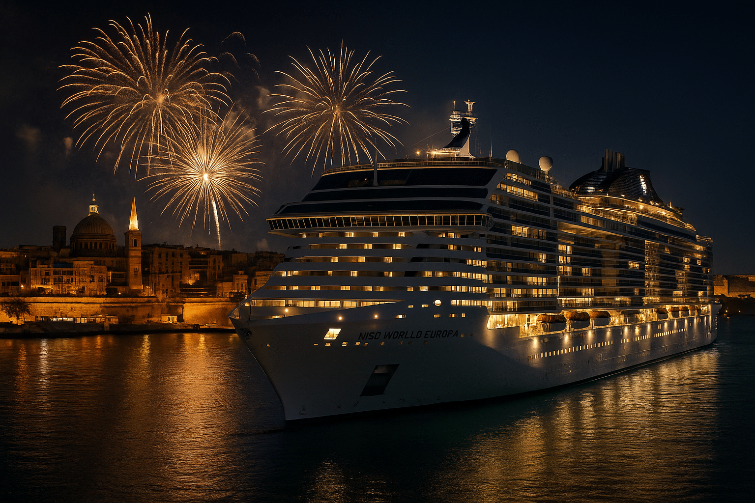 Silvesterkreuzfahrt mit der MSC World Europa im Hafen von Valletta mit Feuerwerk