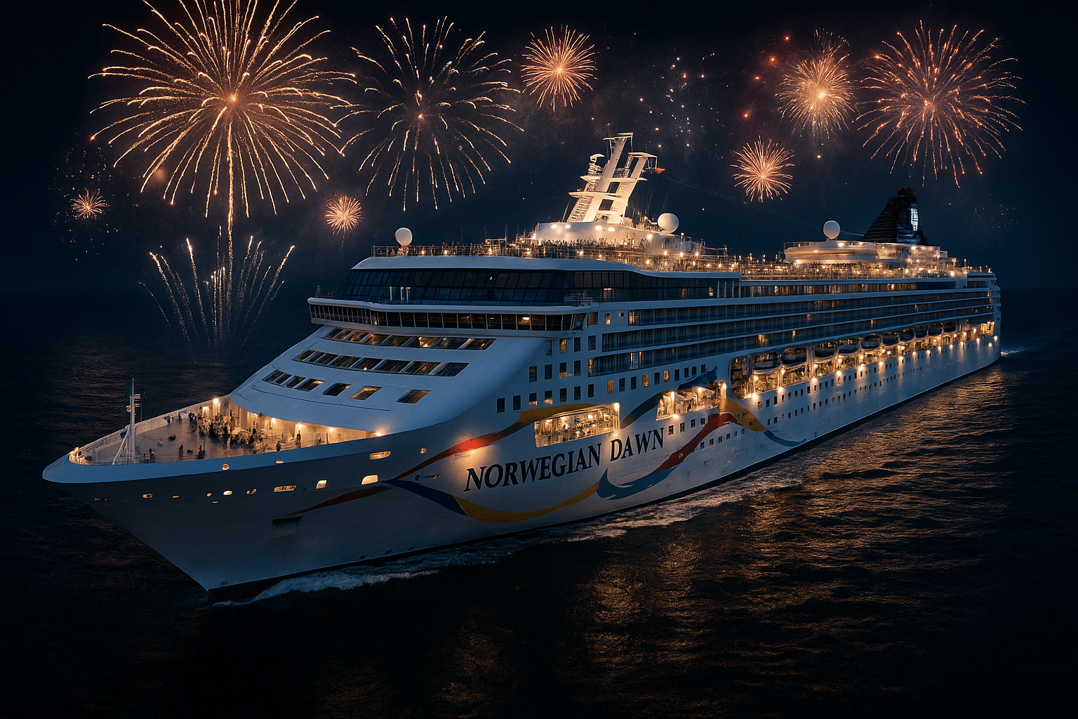 Norwegian Dawn Kreuzfahrtschiff bei Nacht mit Silvester-Feuerwerk auf dem Meer