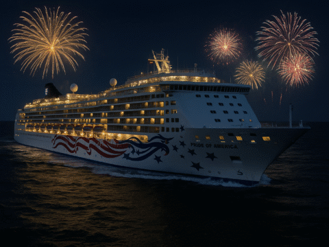 Pride of America bei Nacht mit dezentem Silvesterfeuerwerk