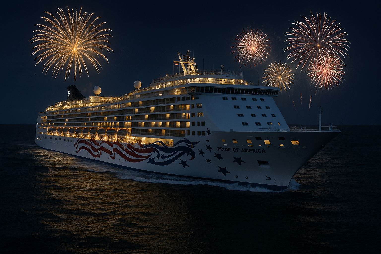 Pride of America bei Nacht mit dezentem Silvesterfeuerwerk