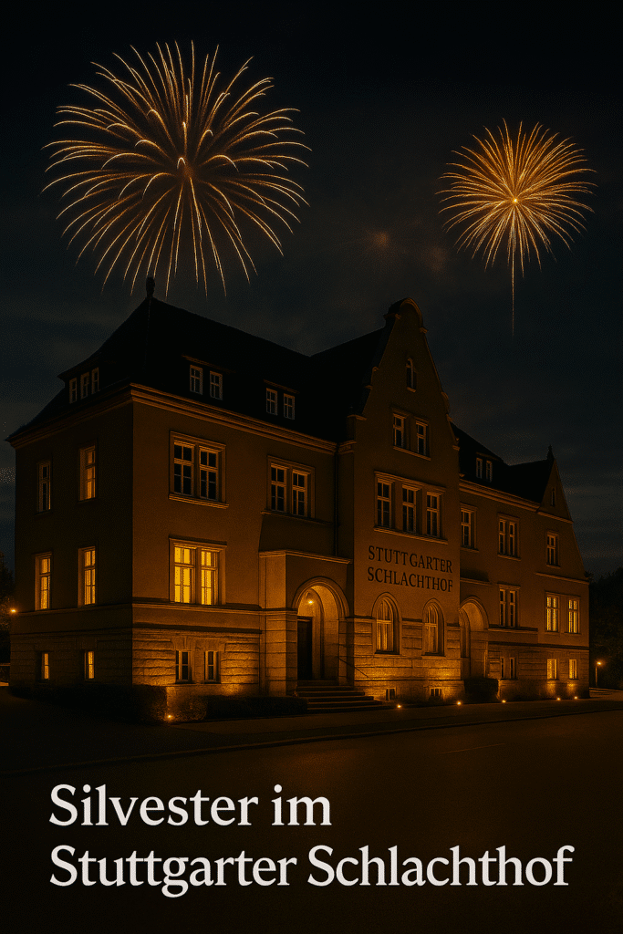 Beleuchteter Stuttgarter Schlachthof bei Nacht mit Feuerwerk zur Silvesterveranstaltung