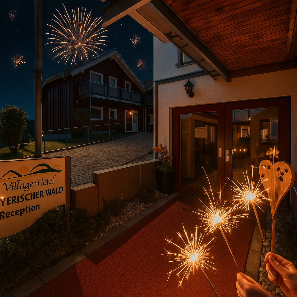 Eingang des Village Hotel Bayerischer Wald bei Nacht mit Feuerwerk und Wunderkerzen