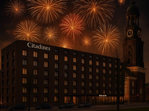 Hotel Citadines Michel Hamburg bei Nacht mit Blick auf den Michel und Feuerwerk zu Silvester