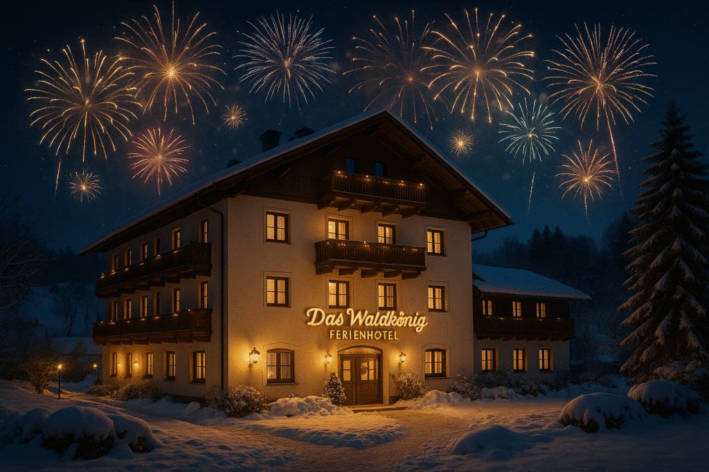 Das Waldkönig Ferienhotel bei Nacht mit dezentem Feuerwerk an Silvester