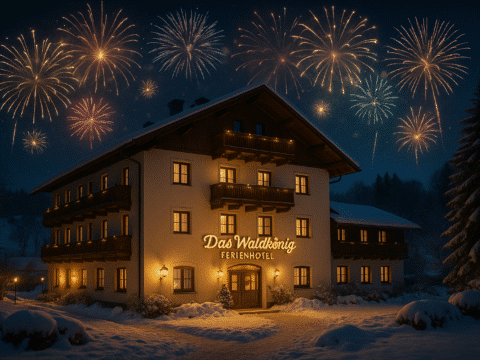 Das Waldkönig Ferienhotel bei Nacht mit dezentem Feuerwerk an Silvester