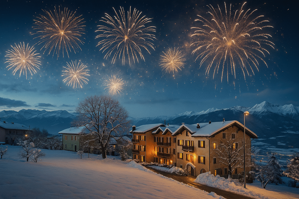 Silvesterfeuerwerk über dem Hotel Stella delle Alpi in verschneiter Berglandschaft