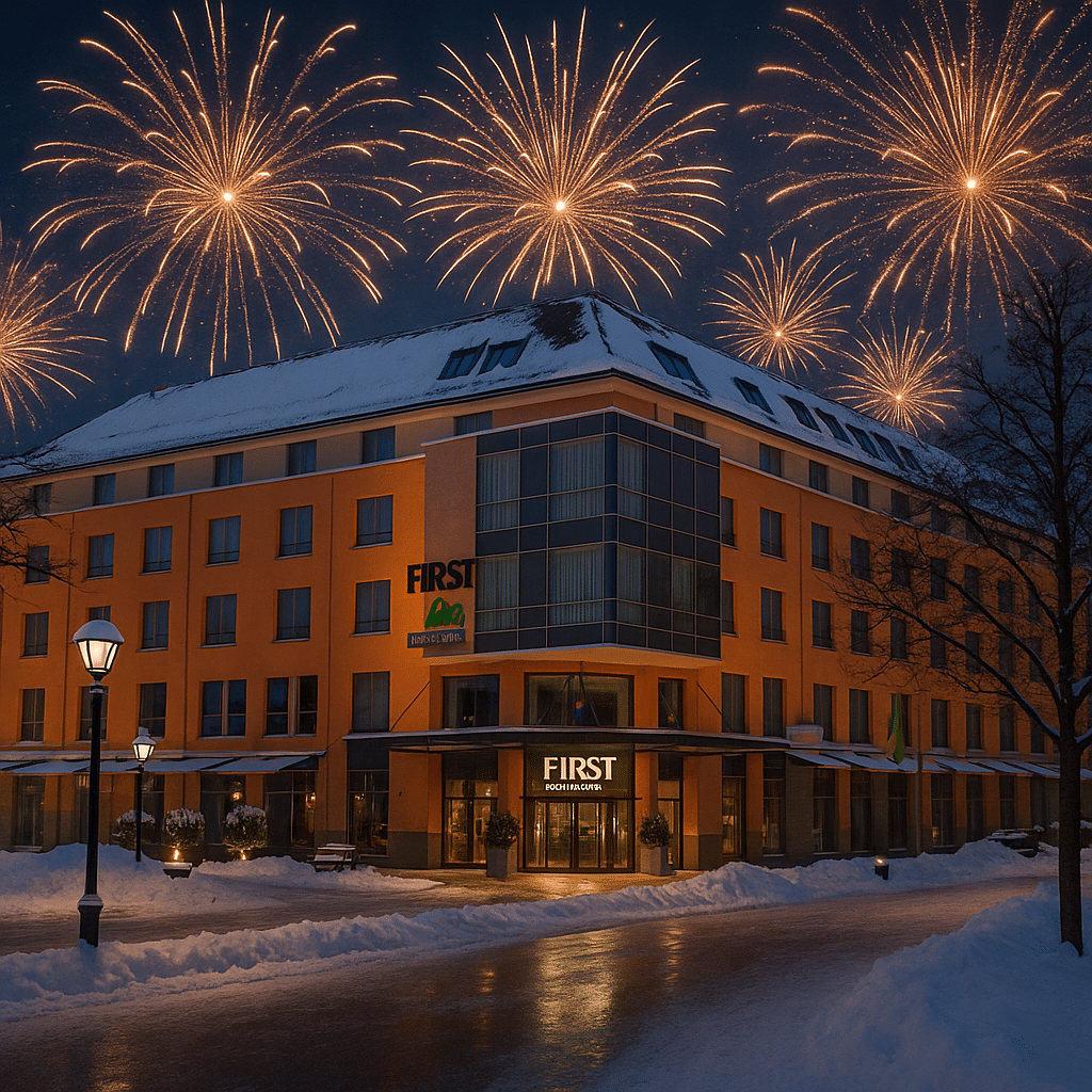 First Inn Hotel Zwickau im Schnee mit Silvesterfeuerwerk