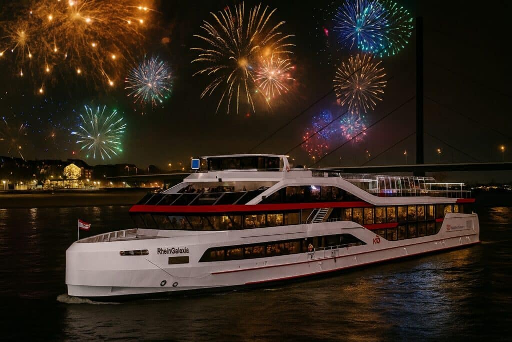 Silvesterschifffahrt auf der MS RheinGalaxie mit Blick auf Düsseldorf