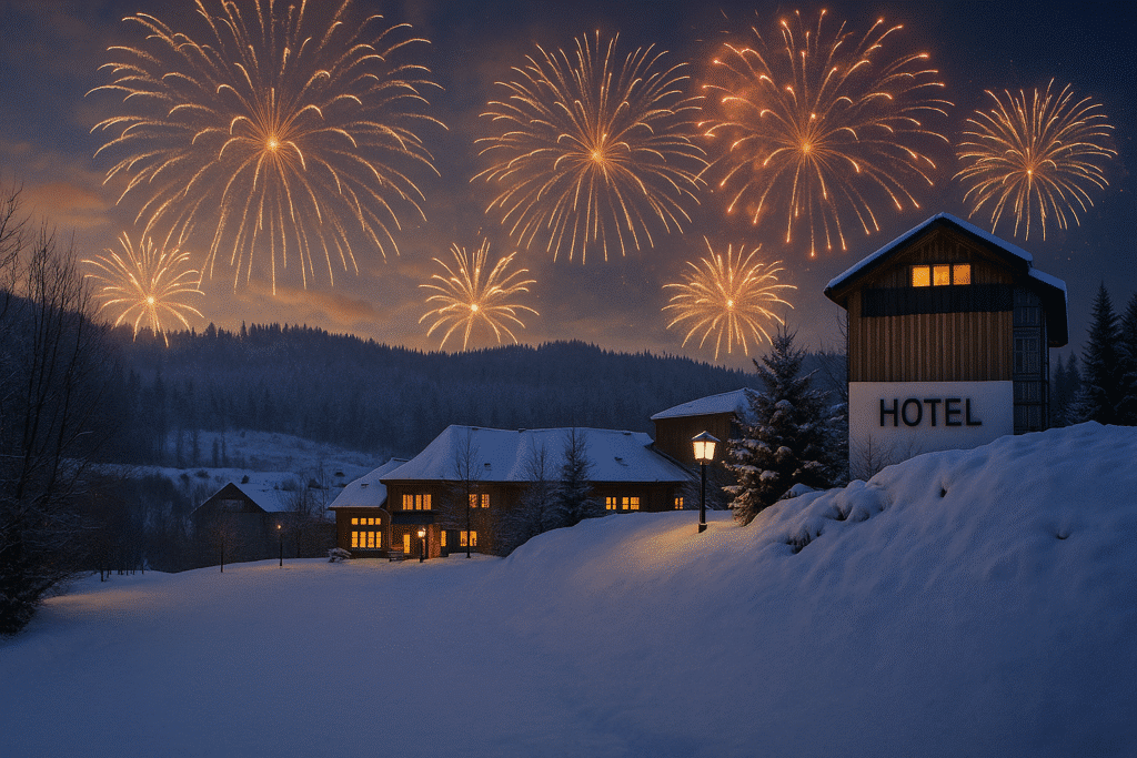 Hotel Am Pfahl mit stimmungsvollem Silvesterfeuerwerk im Schnee