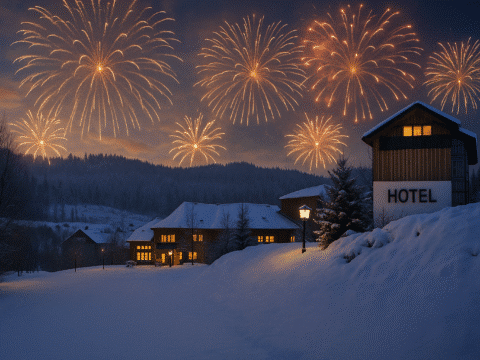 Hotel Am Pfahl mit stimmungsvollem Silvesterfeuerwerk im Schnee