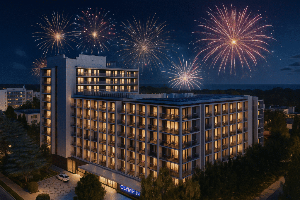Hotel Olymp IV bei Nacht mit dezentem Feuerwerk zu Silvester