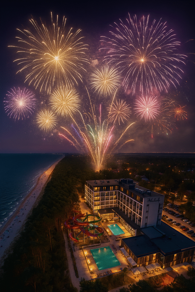 Feuerwerk über dem Hotel Zalewski an der polnischen Ostsee während der Silvesternacht, mit beleuchtetem Pool und Meerblick