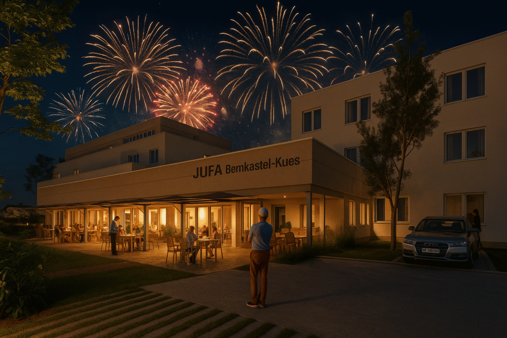 JUFA Hotel Bernkastel-Kues bei Nacht mit Silvesterfeuerwerk