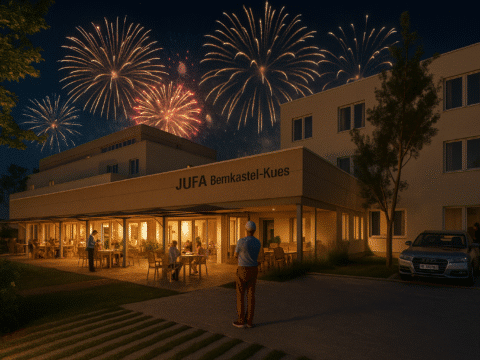JUFA Hotel Bernkastel-Kues bei Nacht mit Silvesterfeuerwerk