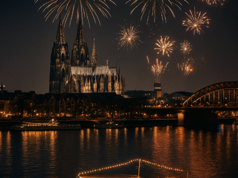 Silvester am Kölner Rheinufer mit Feuerwerk, Dom und beleuchtetem Schiff