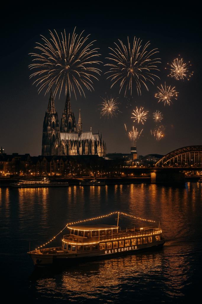 Silvester am Kölner Rheinufer mit Feuerwerk, Dom und beleuchtetem Schiff