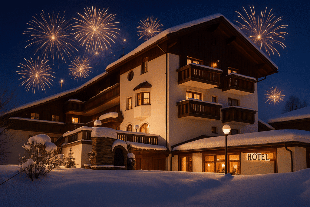 Landhotel Margeritenhof im Winter mit Feuerwerk zu Silvester