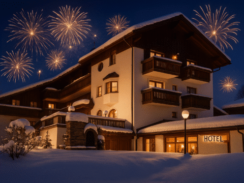 Landhotel Margeritenhof im Winter mit Feuerwerk zu Silvester
