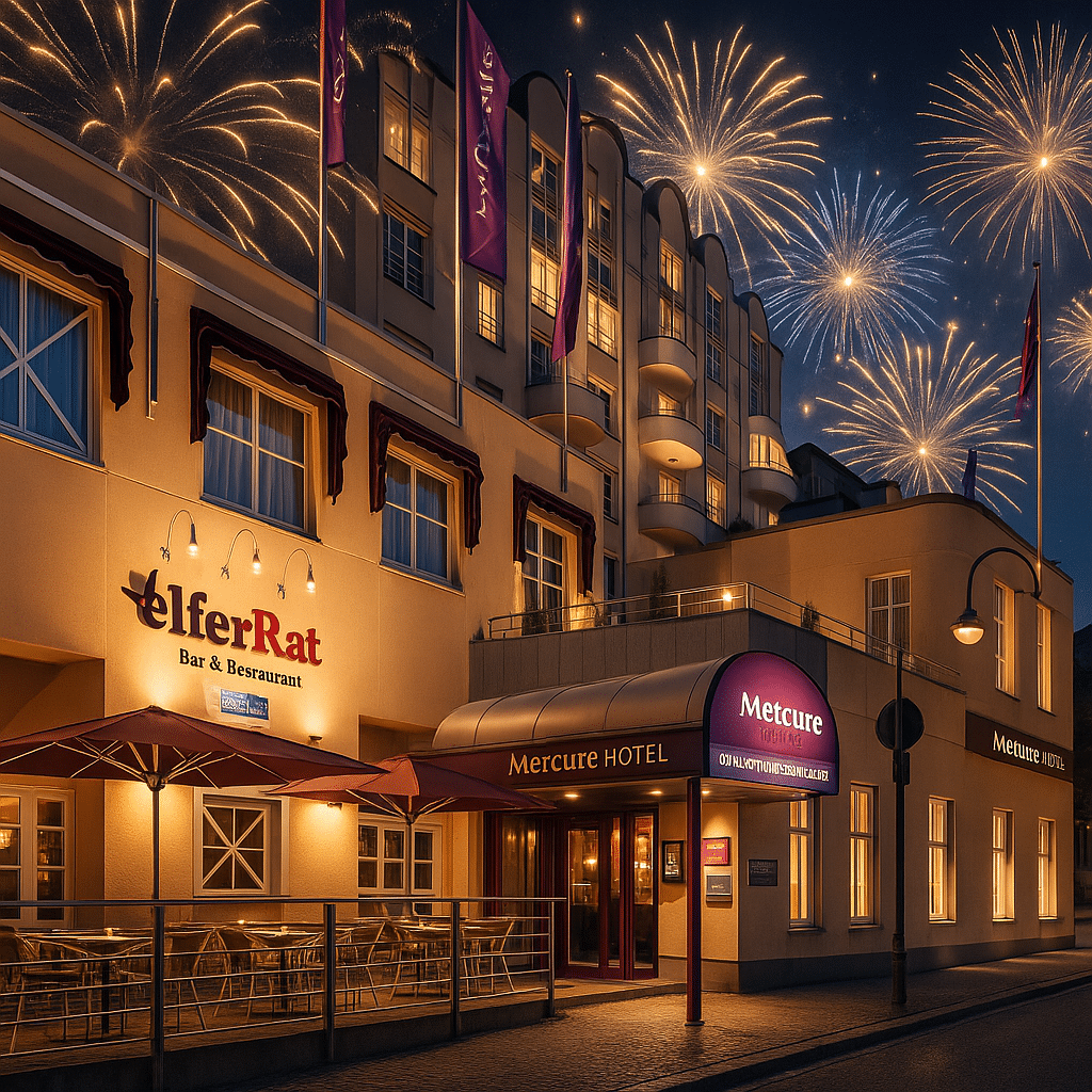 Eingang des Mercure Hotel Köln City Friesenstraße bei Nacht mit Feuerwerk