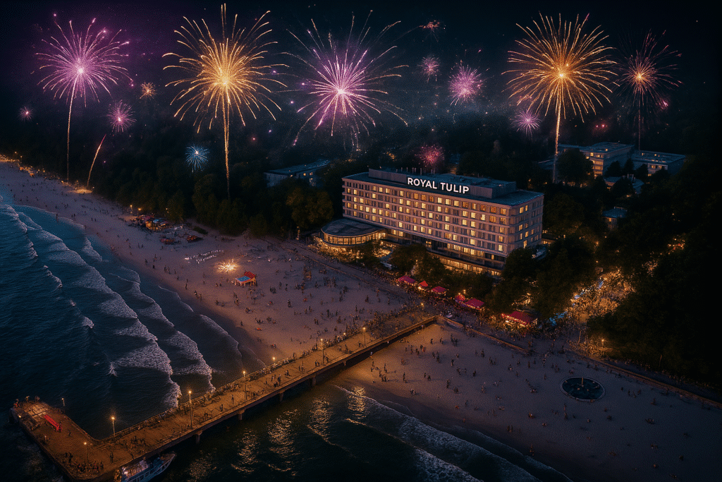 Feuerwerk am Strand vor dem Royal Tulip Sand Hotel zu Silvester
