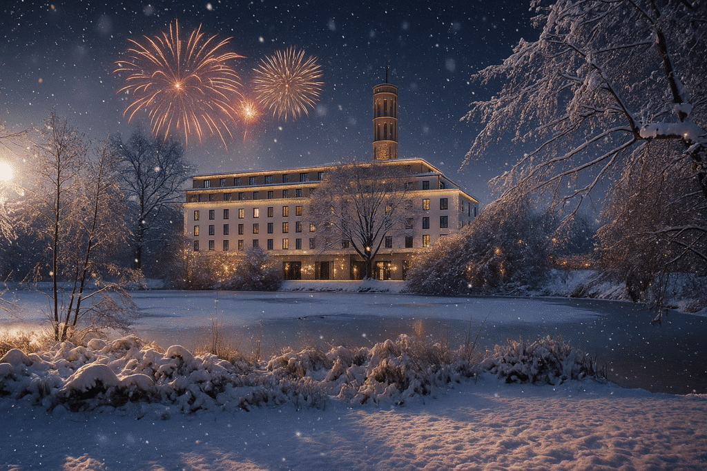Steigenberger Parkhotel Braunschweig bei Nacht mit Feuerwerk