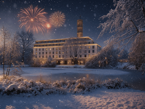 Steigenberger Parkhotel Braunschweig bei Nacht mit Feuerwerk