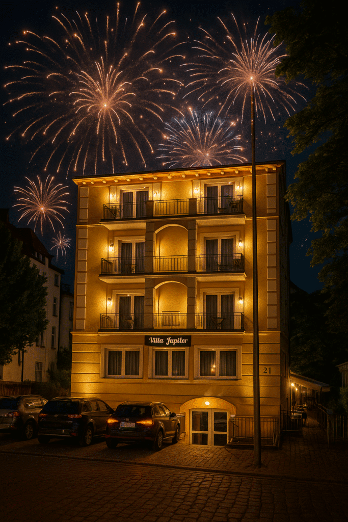Beleuchtete Villa Jupiter bei Nacht mit stilvollem Silvesterfeuerwerk am Himmel
