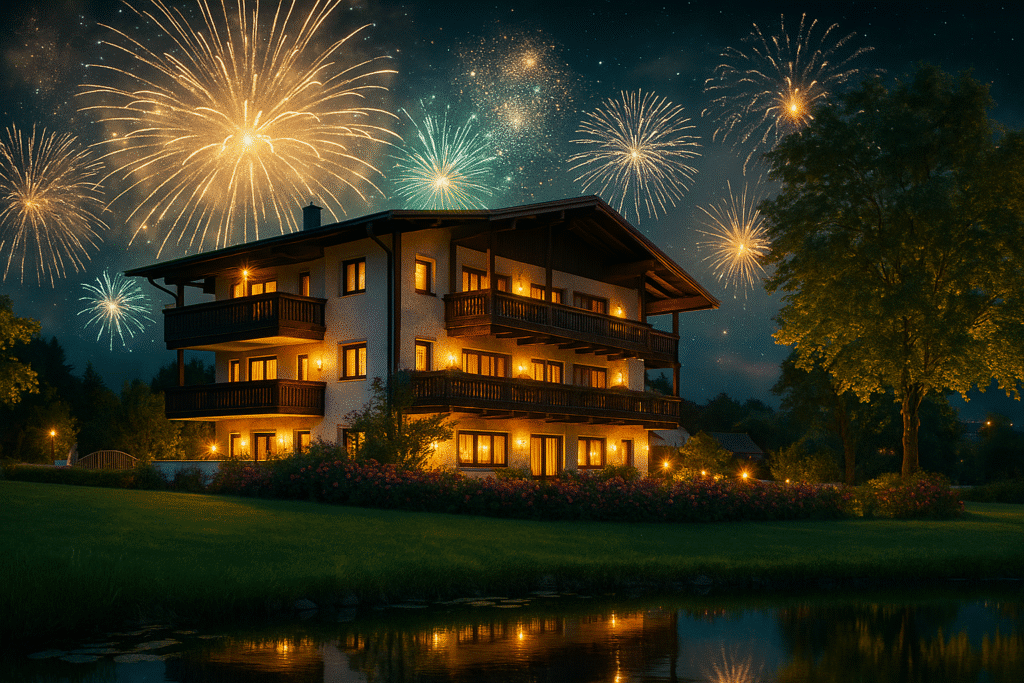 Würdinger Hof Kurhotel bei Nacht mit Feuerwerk zum Silvesterabend