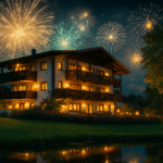 Würdinger Hof Kurhotel bei Nacht mit Feuerwerk zum Silvesterabend