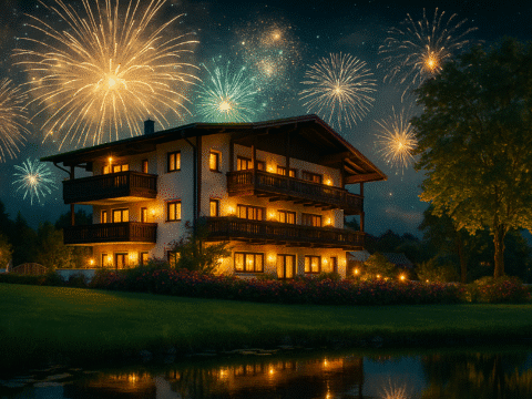 Würdinger Hof Kurhotel bei Nacht mit Feuerwerk zum Silvesterabend