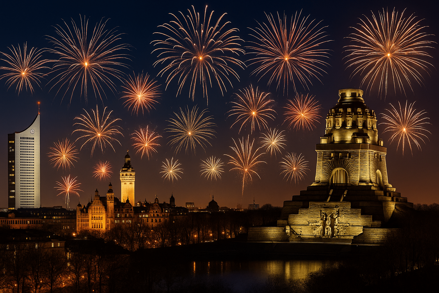 Feuerwerk zu Silvester über Leipzig mit Blick auf das Völkerschlachtdenkmal in der Nähe des Best Western Hotel Windorf