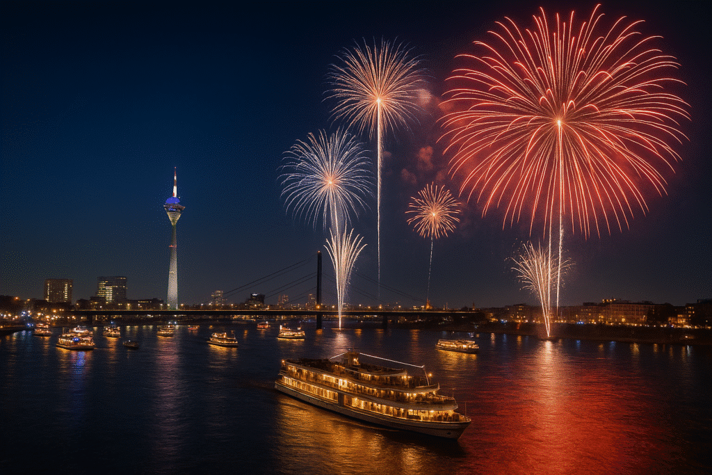 Feuerwerk über dem Rhein in Düsseldorf mit beleuchteten Schiffen und Blick auf das Silvester-Event vom Hotel NH Düsseldorf City
