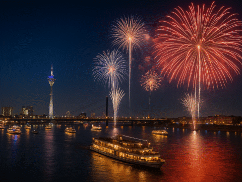 Feuerwerk über dem Rhein in Düsseldorf mit beleuchteten Schiffen und Blick auf das Silvester-Event vom Hotel NH Düsseldorf City