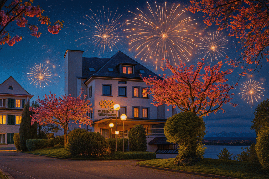 Parkhotel St. Leonhard mit Feuerwerk und blühenden Bäumen zu Silvester